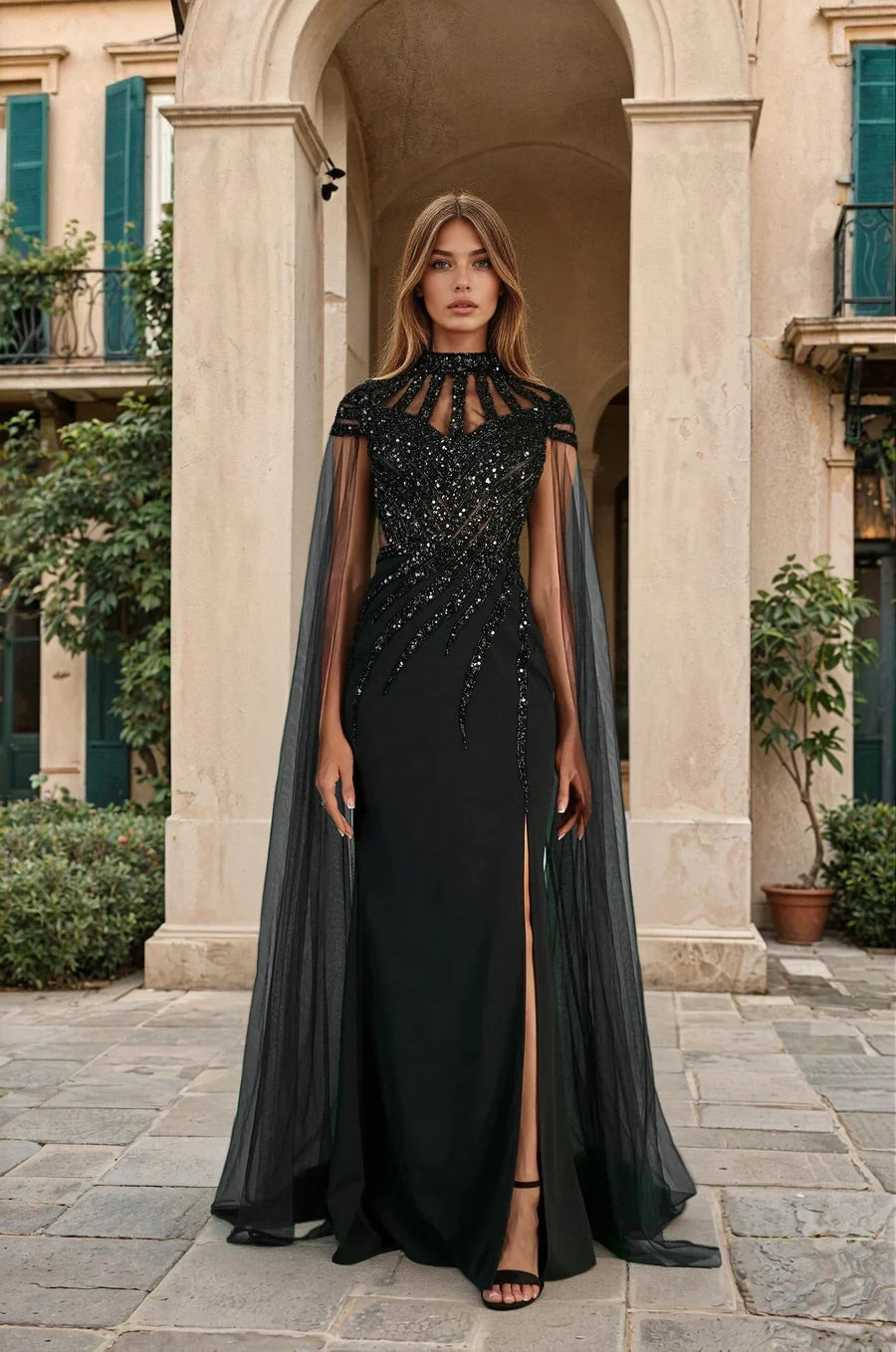 “Caped” Beaded Gown