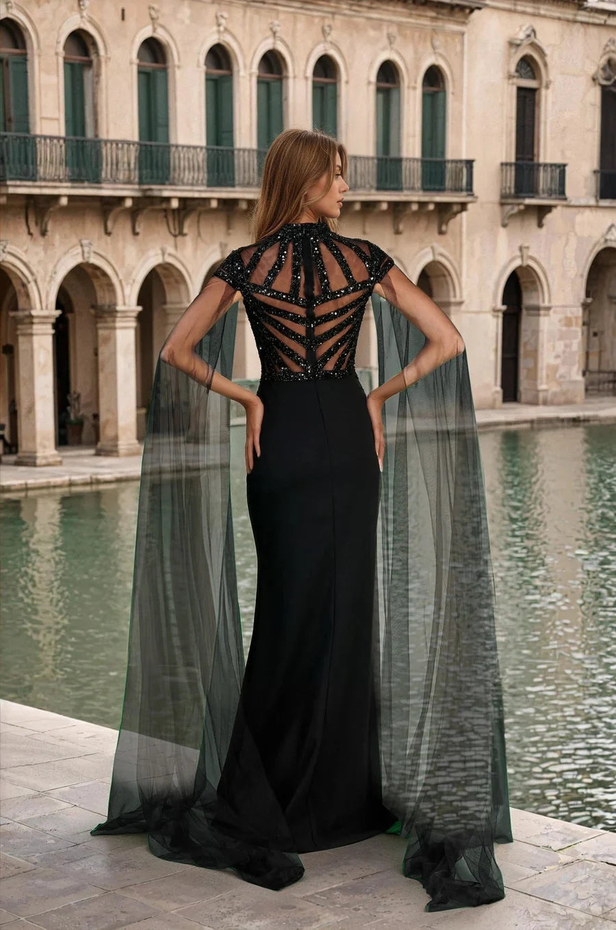 “Caped” Beaded Gown